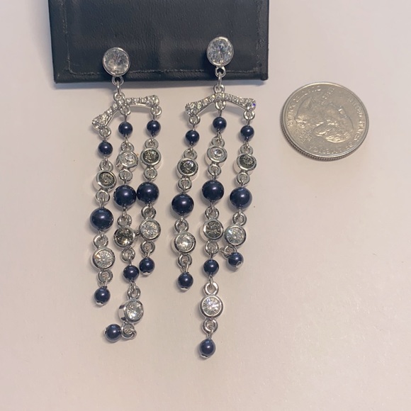 Vintage Retro Silvertone Long Tassel Drop Dangle Earrings with Pearls & Stones - Picture 3 of 4